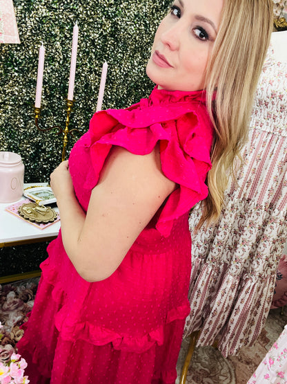 LINING DOUBLE RUFFLE SLEEVE TIERED DRESS ~ FUCHSIA