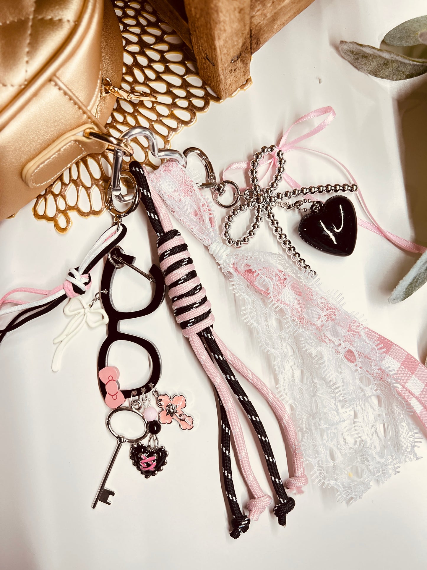HANDMADE BAG CHARMS ~ GLASSES/BLACK HEART/BOW