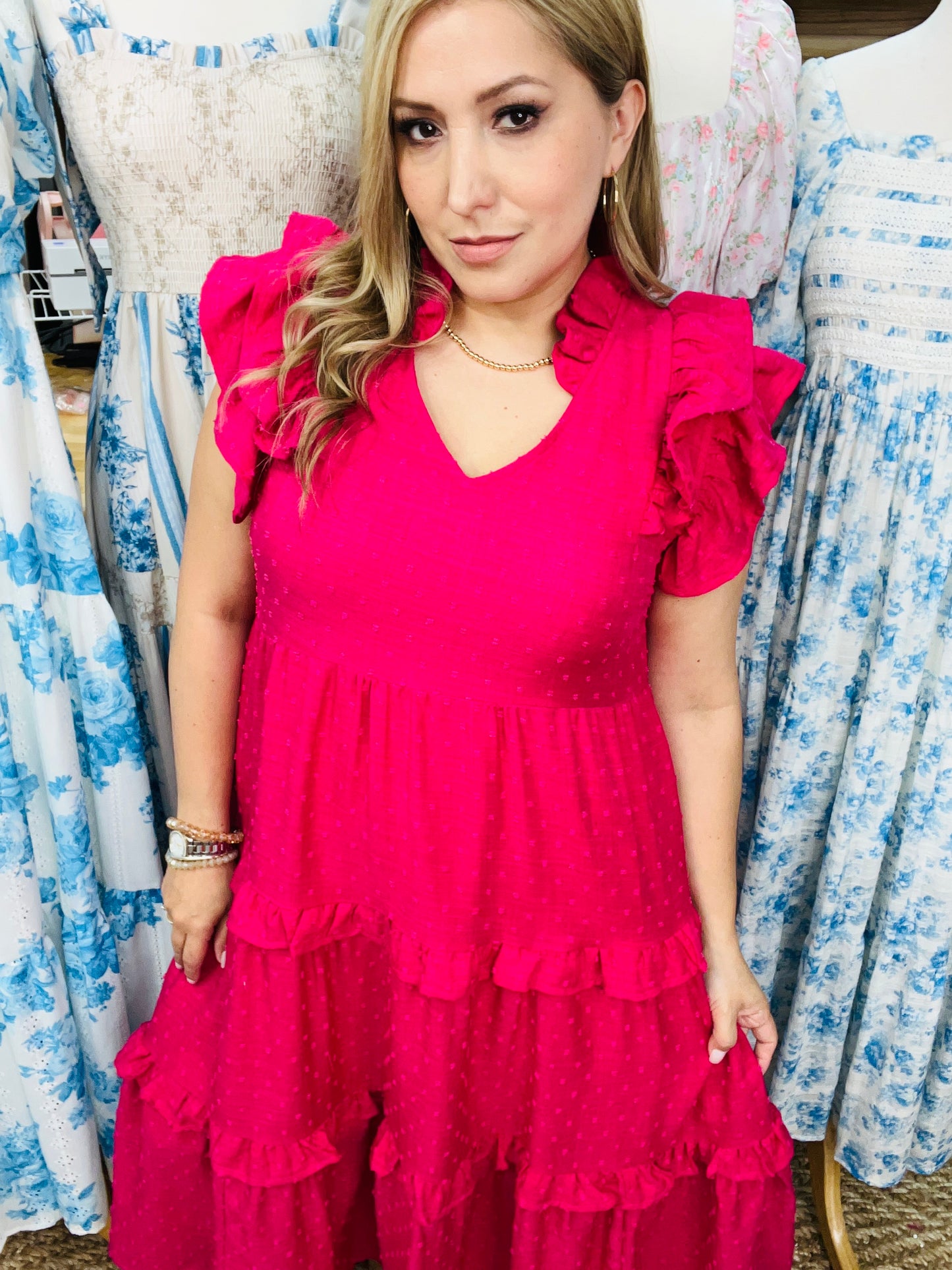 LINING DOUBLE RUFFLE SLEEVE TIERED DRESS ~ FUCHSIA