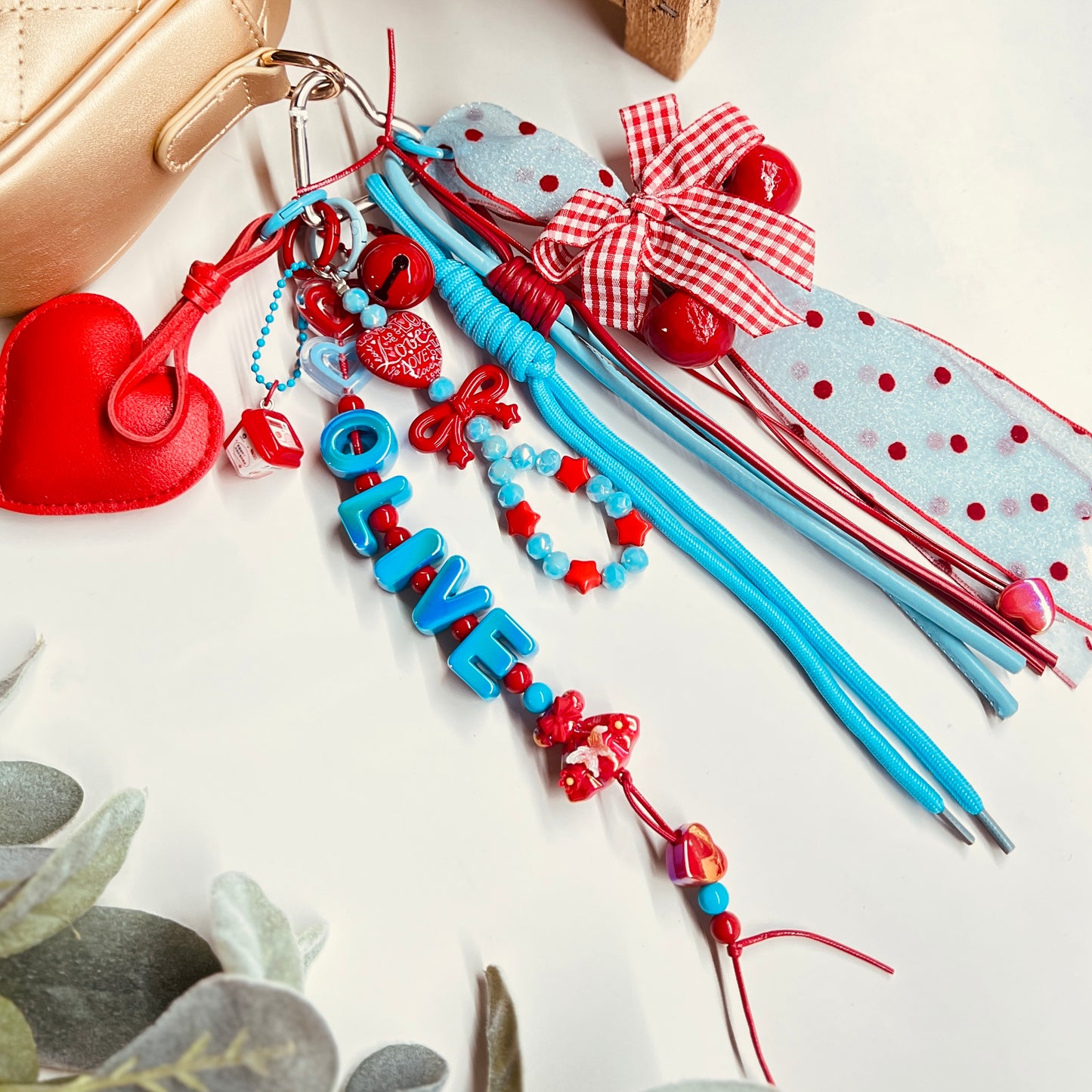 HANDMADE BAG CHARMS ~ BLUE/RED/HEART ~
