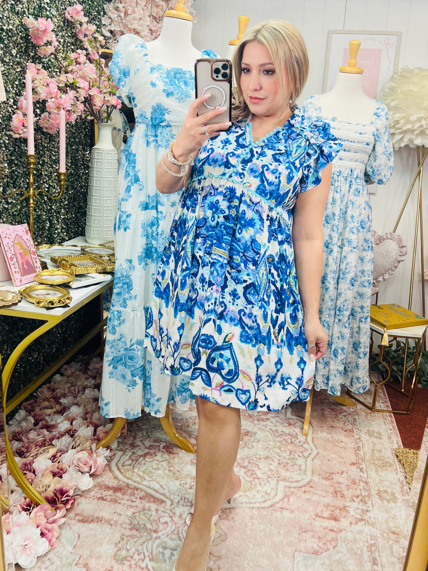 RUFFLE SLEEVE BOHO BABYDOLL DRESS - COBALT MIX