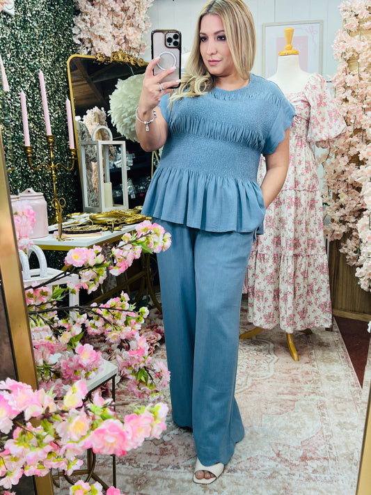 LINEN BLEND PEPLUM TOP/LINEN SCALLOP HEM WIDE LEG PANTS SET* STEEL BLUE