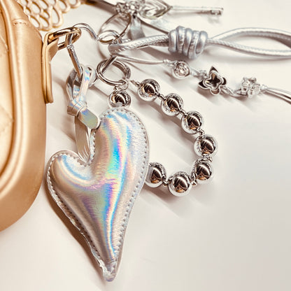HANDMADE BAG CHARMS ~ SILVER HEART/SILVER BEADS CHAIN ~