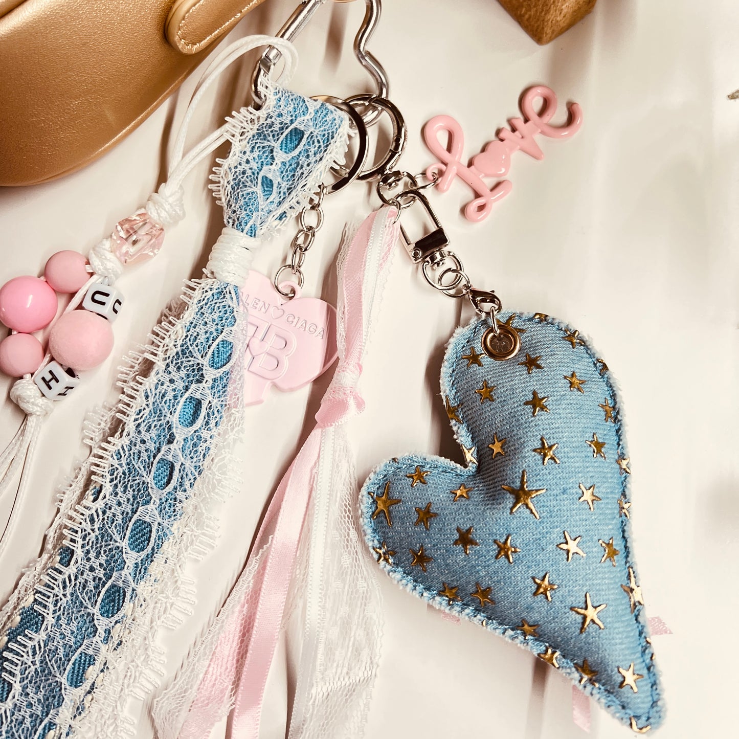 HANDMADE BAG CHARMS ~ DENIM HEART W/GOLD STARS ~