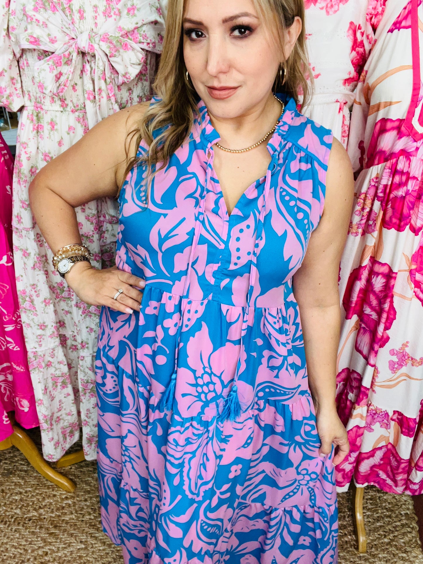 TWO TONE SLEEVELESS FLORAL MIDI DRESS ~ BLUE