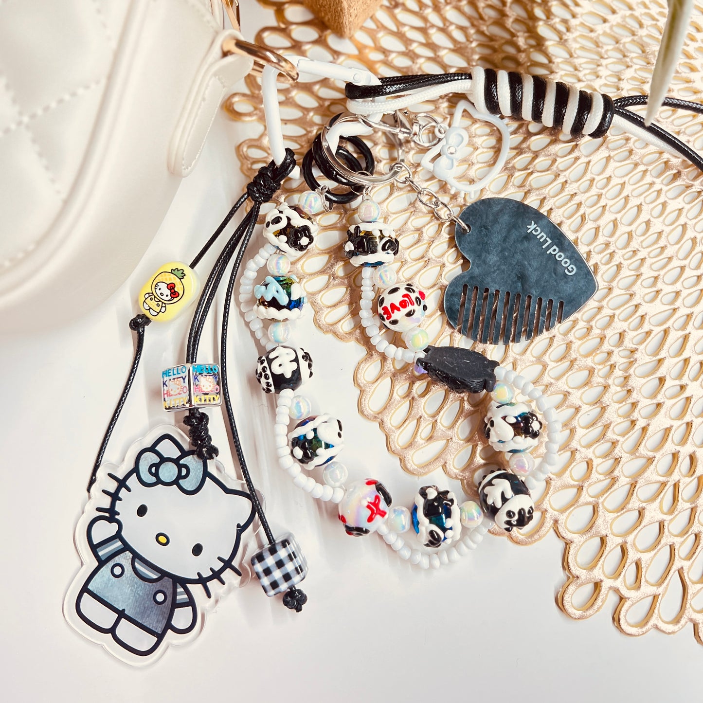 HANDMADE BAG CHARMS ~ KITTY/ HAND PAINTED BEADS ~