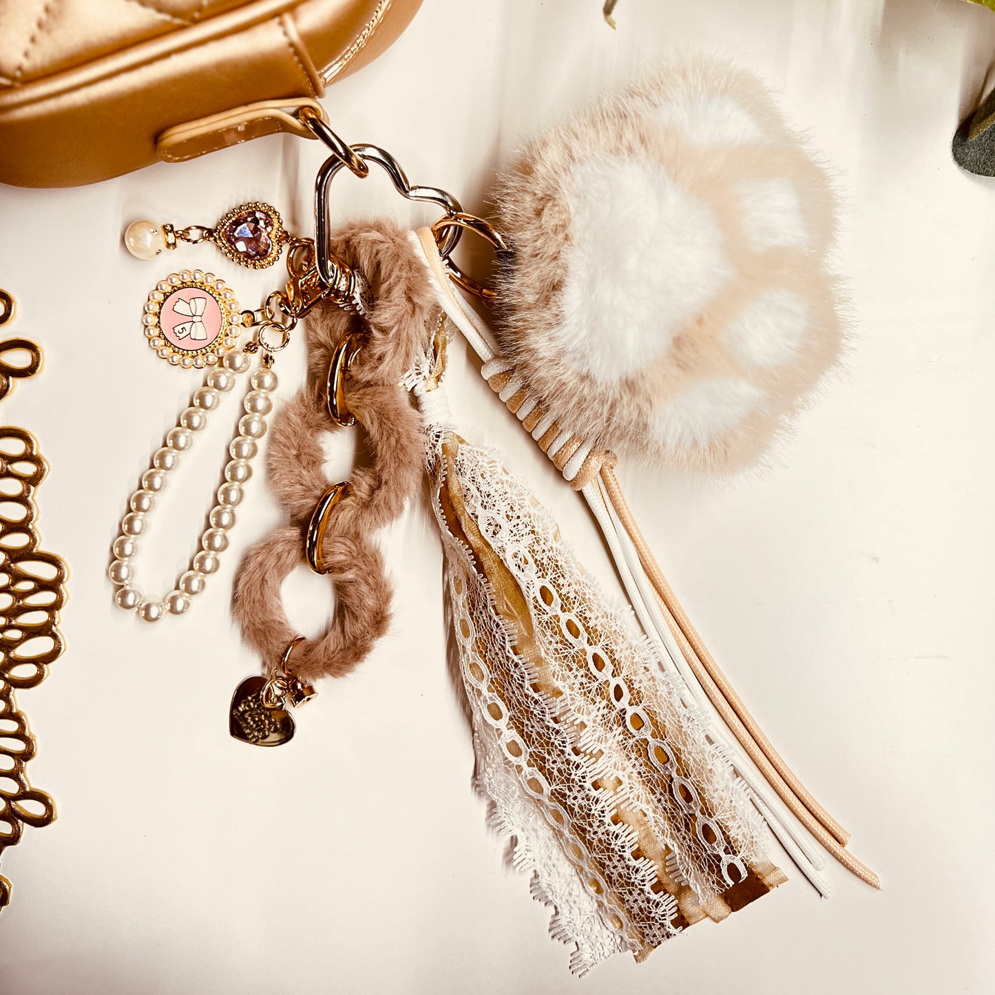 HANDMADE BAG CHARMS ~ PAW BEIGE/CEAM/GOLD