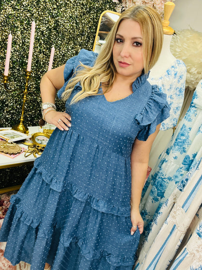 LINING DOUBLE RUFFLE SLEEVE TIERED DRESS ~ DENIM