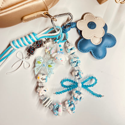 HANDMADE BAG CHARMS ~ FAUX LEATHER FLOWER/HAND PAINTED BEADS