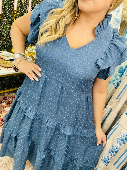 LINING DOUBLE RUFFLE SLEEVE TIERED DRESS ~ DENIM