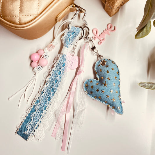 HANDMADE BAG CHARMS ~ DENIM HEART W/GOLD STARS ~