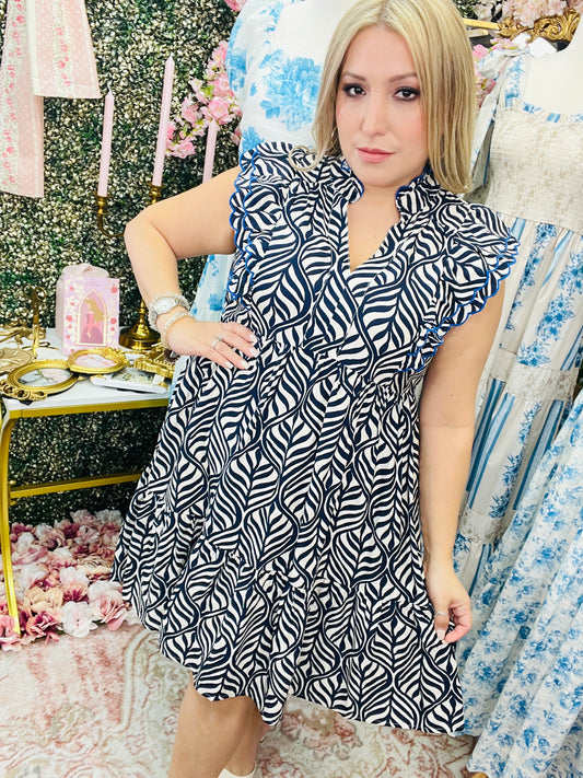 LEAF PRINT TIERED MINI DRESS WITH RUFFLE SLEEVES