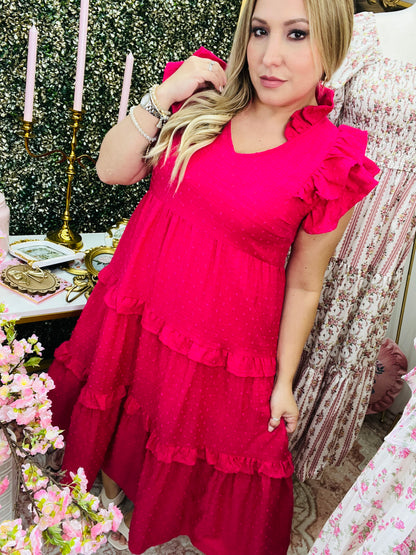 LINING DOUBLE RUFFLE SLEEVE TIERED DRESS ~ FUCHSIA
