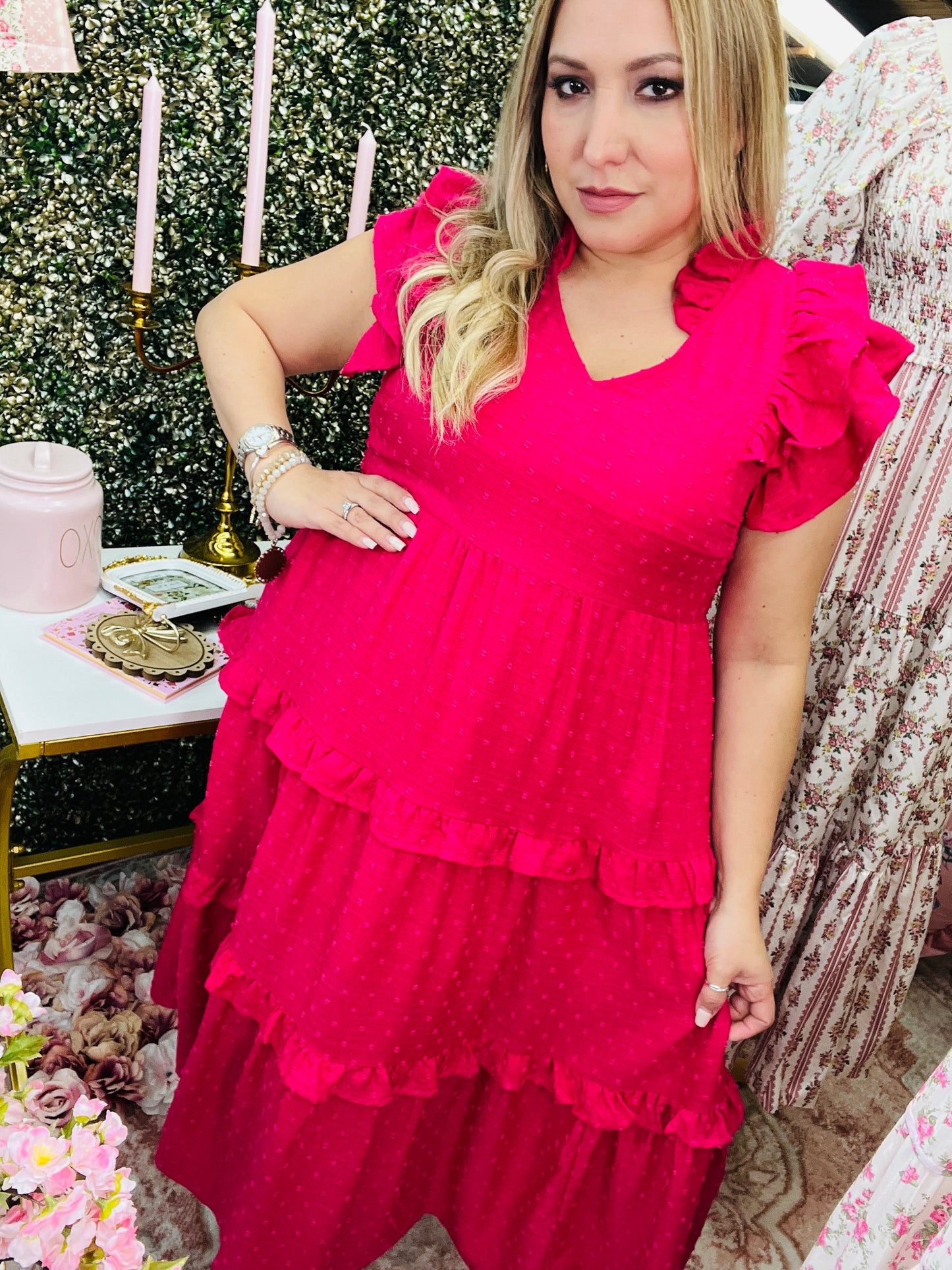 LINING DOUBLE RUFFLE SLEEVE TIERED DRESS ~ FUCHSIA