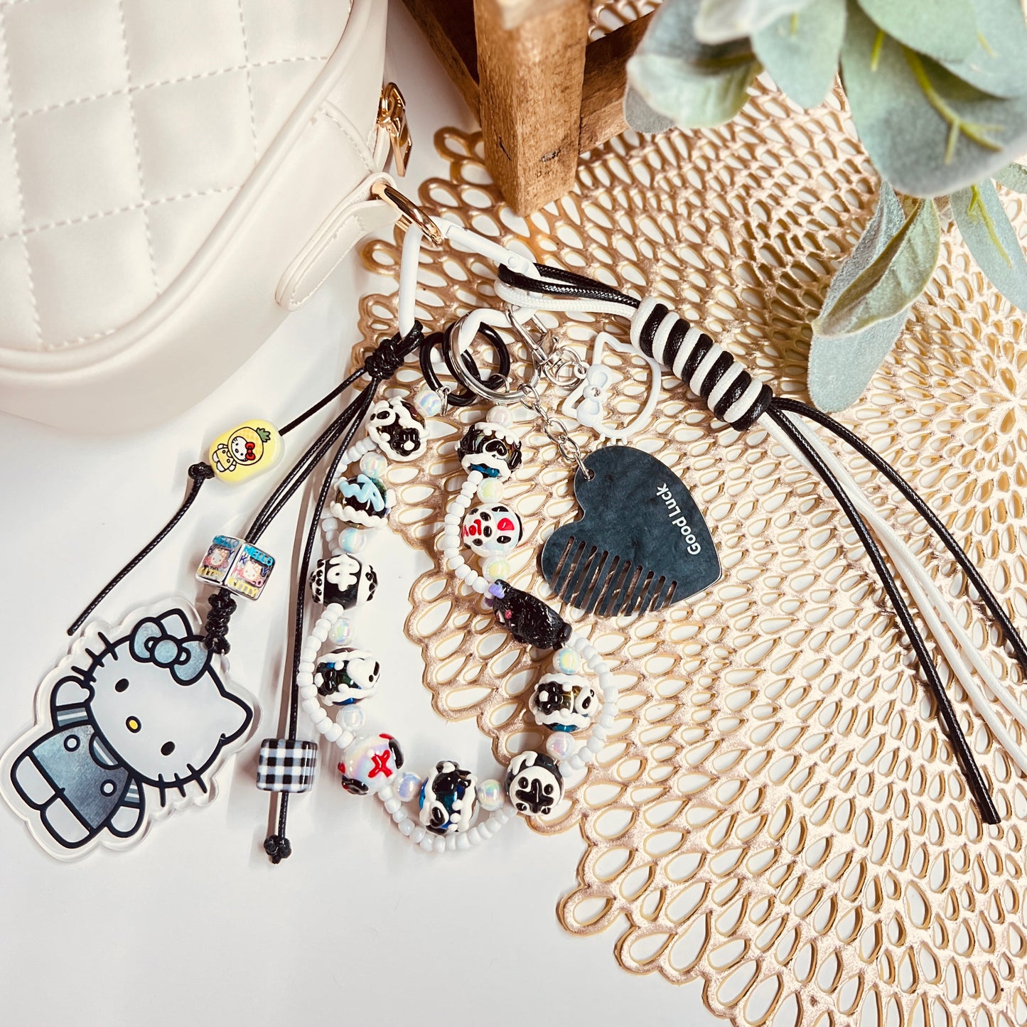 HANDMADE BAG CHARMS ~ KITTY/ HAND PAINTED BEADS ~