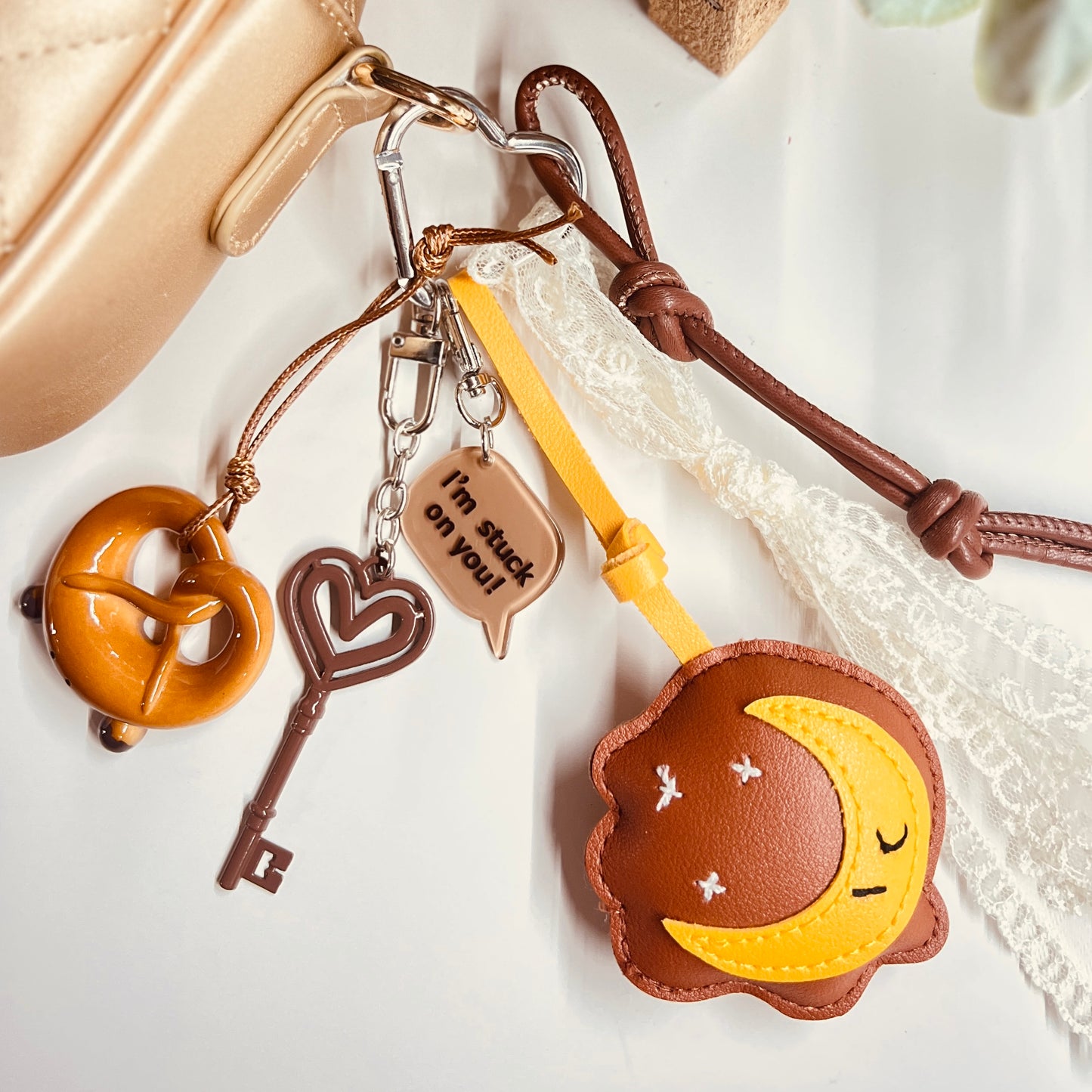 HANDMADE BAG CHARMS ~ LEATHER MOON PRETZEL CHARM ~