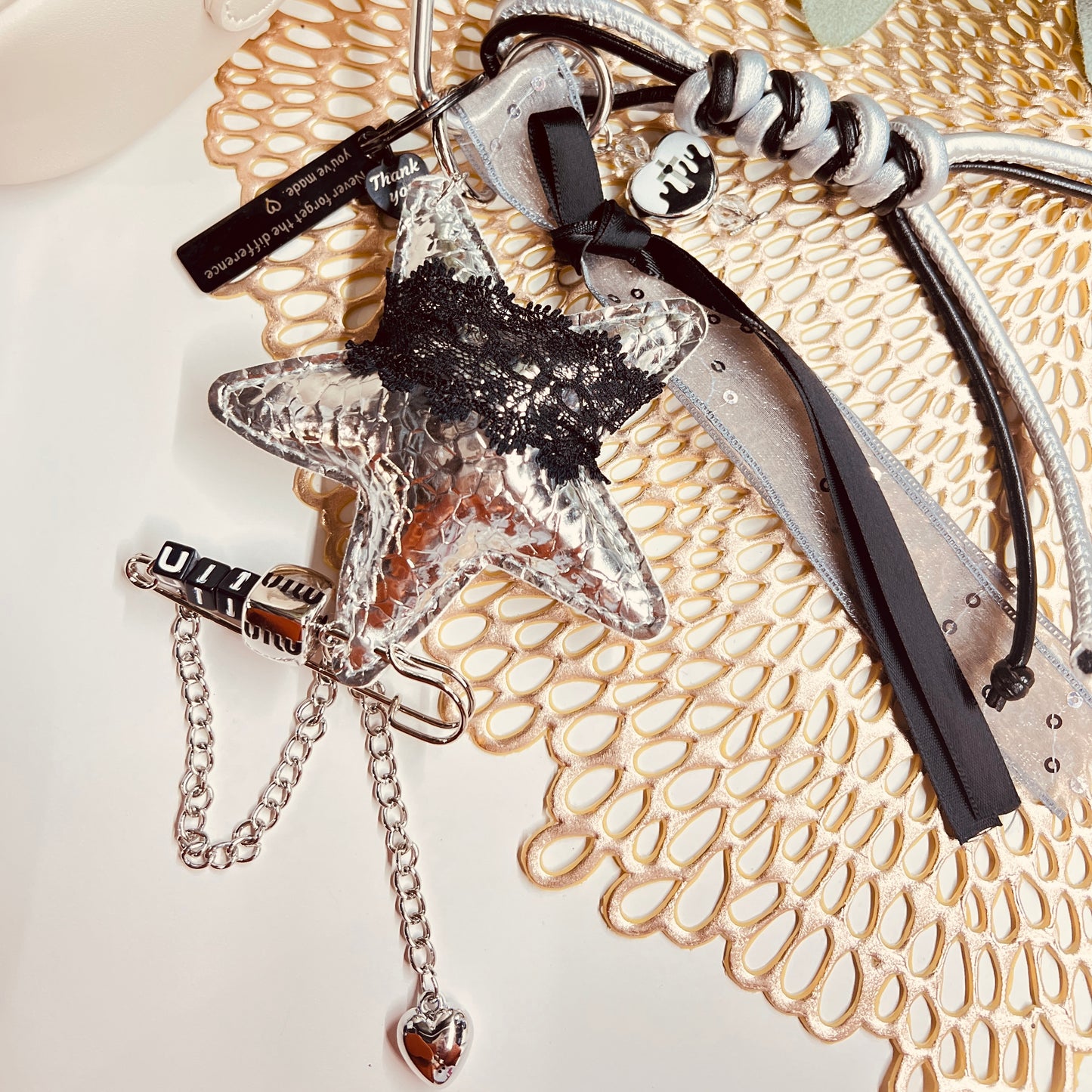 HANDMADE BAG CHARMS ~ SILVER/LACE STAR