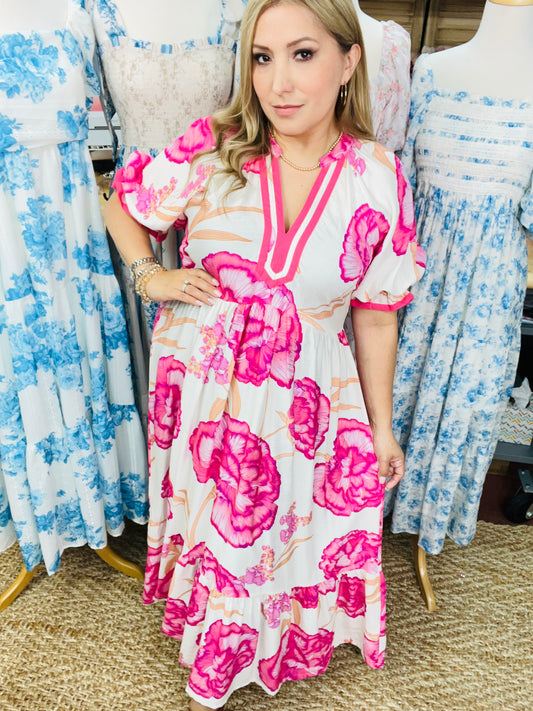 FLORAL PRINT MAXI DRESS WITH CONTRAST TRIM