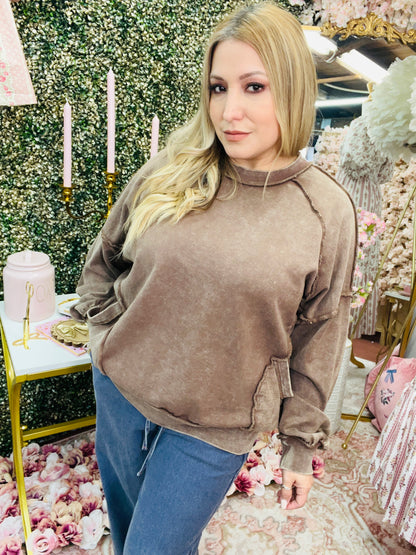 CUT OUT MINERAL WASHED PULLOVER - CACAO