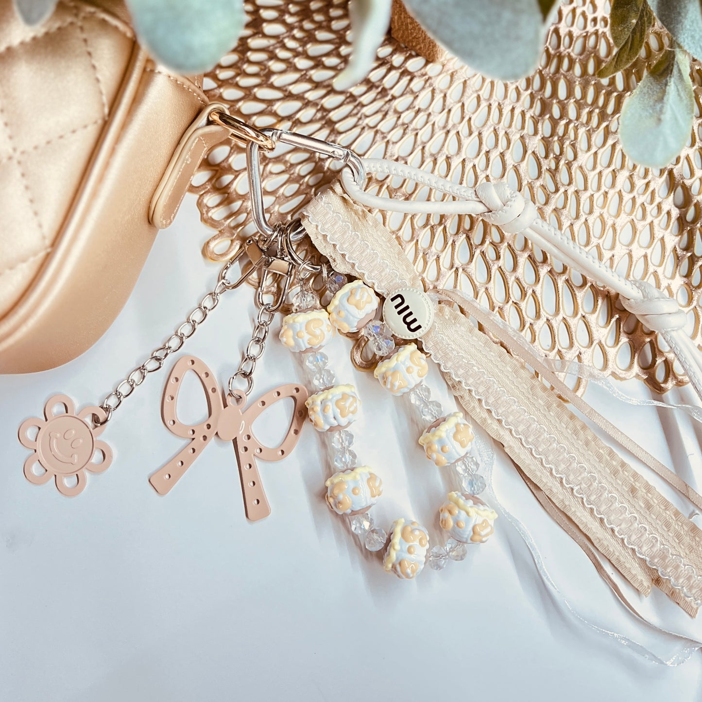 HANDMADE BAG CHARMS ~ BEIGE BOW/HAPPY FACE ~