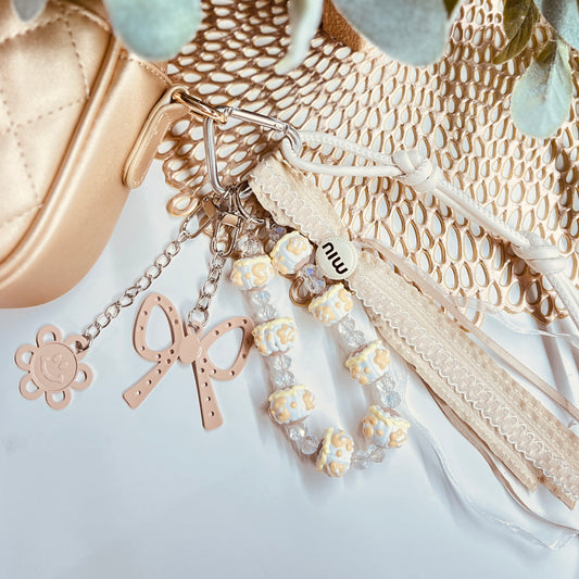HANDMADE BAG CHARMS ~ BEIGE BOW/HAPPY FACE ~