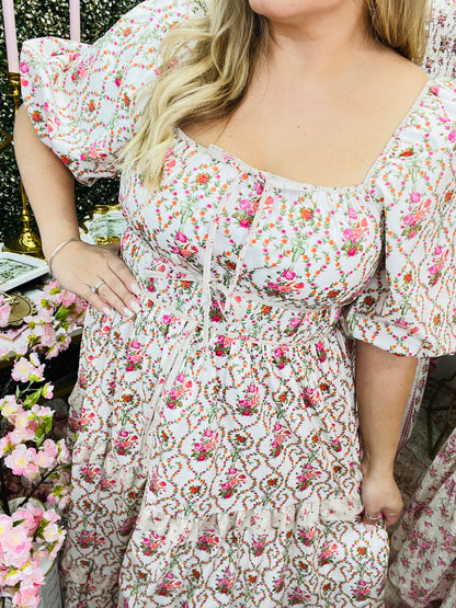 FLORAL RUFFLE PUFF SLEEVE MAXI DRESS