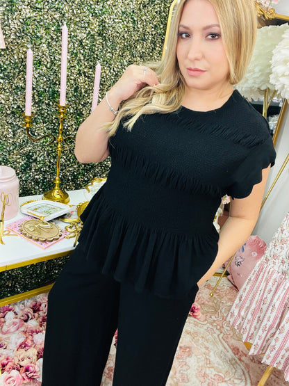 LINEN BLEND PEPLUM TOP/LINEN SCALLOP HEM WIDE LEG PANTS SET* BLACK