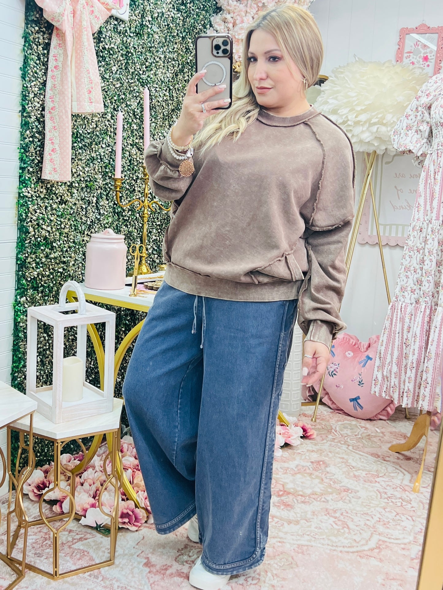 CUT OUT MINERAL WASHED PULLOVER - CACAO