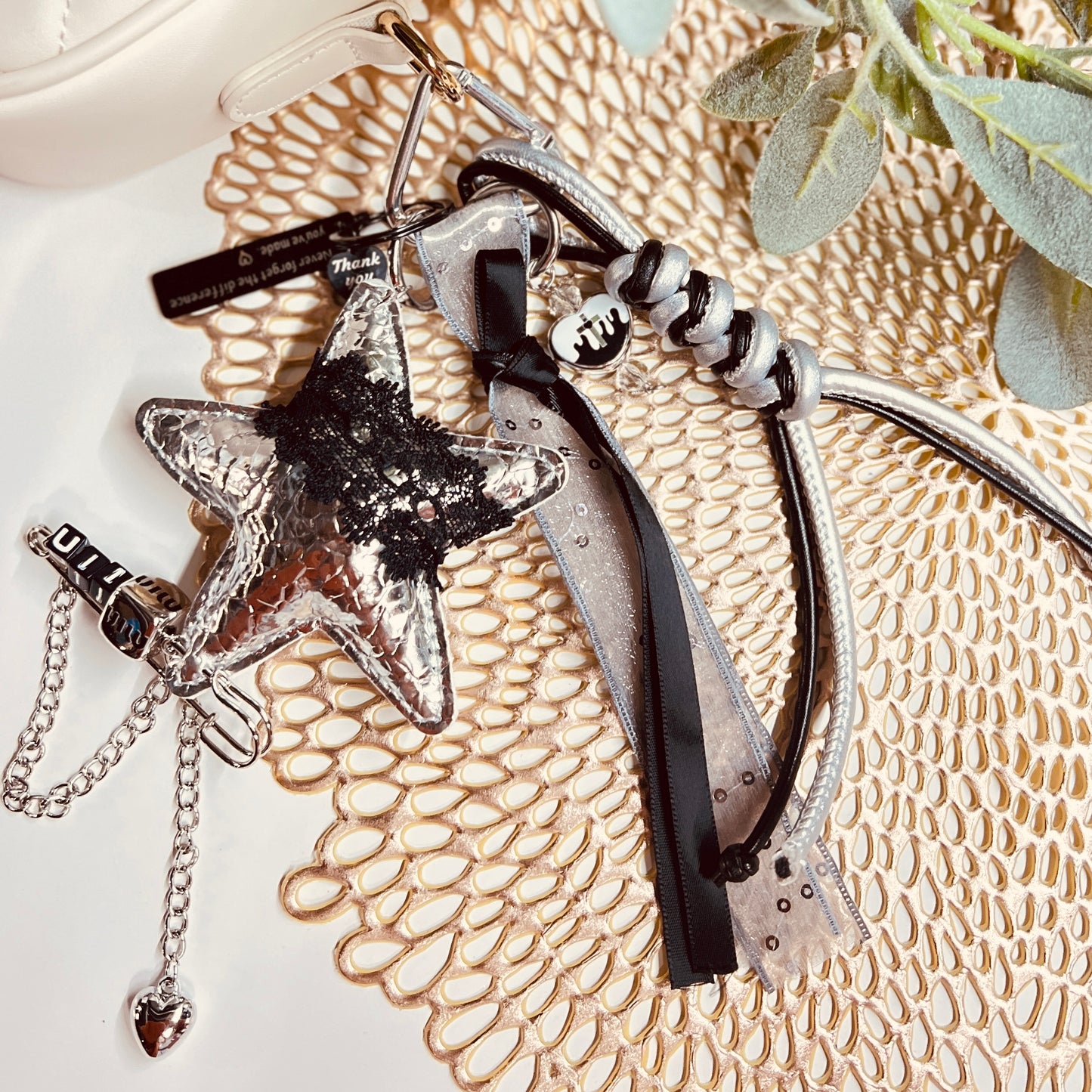 HANDMADE BAG CHARMS ~ SILVER/LACE STAR