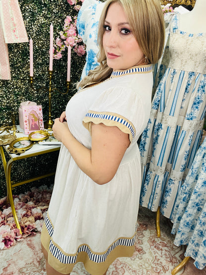 LINEN COLOR BLOCK FLUTTER SLEEVE DRESS