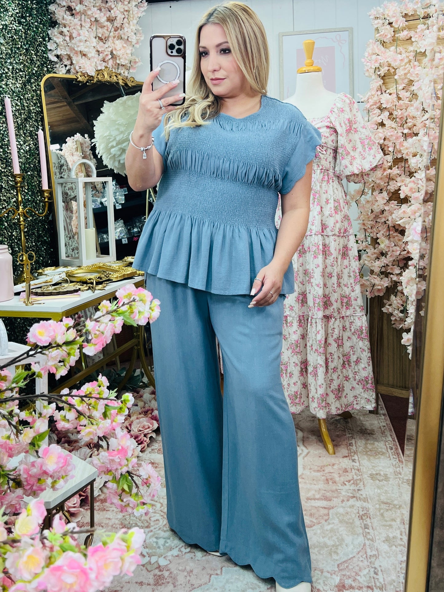LINEN BLEND PEPLUM TOP/LINEN SCALLOP HEM WIDE LEG PANTS SET* STEEL BLUE