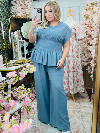LINEN BLEND PEPLUM TOP/LINEN SCALLOP HEM WIDE LEG PANTS SET* STEEL BLUE