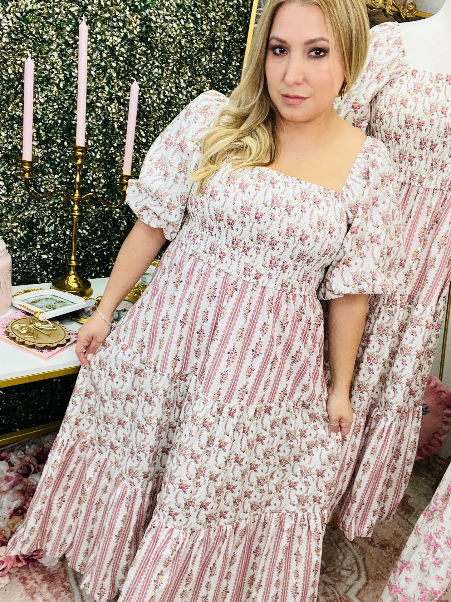 Floral Print Woven Bubble Sleeve with Smocking Top Tier Midi Dress