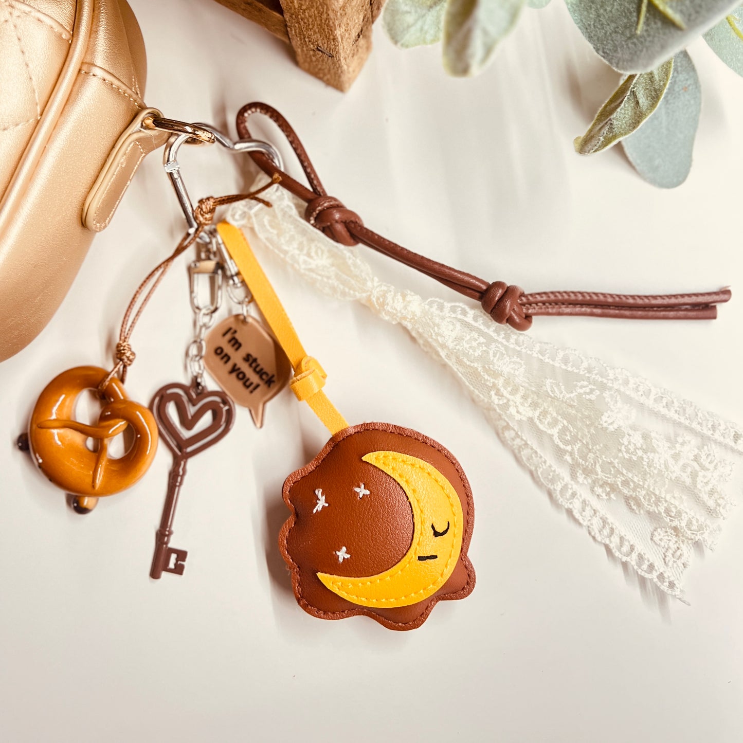 HANDMADE BAG CHARMS ~ LEATHER MOON PRETZEL CHARM ~