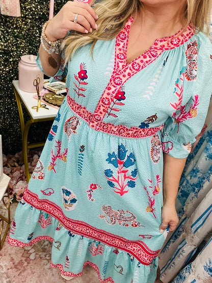 FLORAL COLLAGE PRINT V-NECK MIDI DRESS