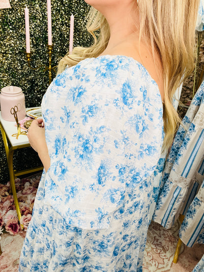 SMOCKED LACE TRIM PUFF SLEEVE MAXI DRESS