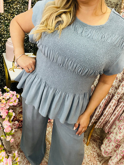 LINEN BLEND PEPLUM TOP/LINEN SCALLOP HEM WIDE LEG PANTS SET* STEEL BLUE