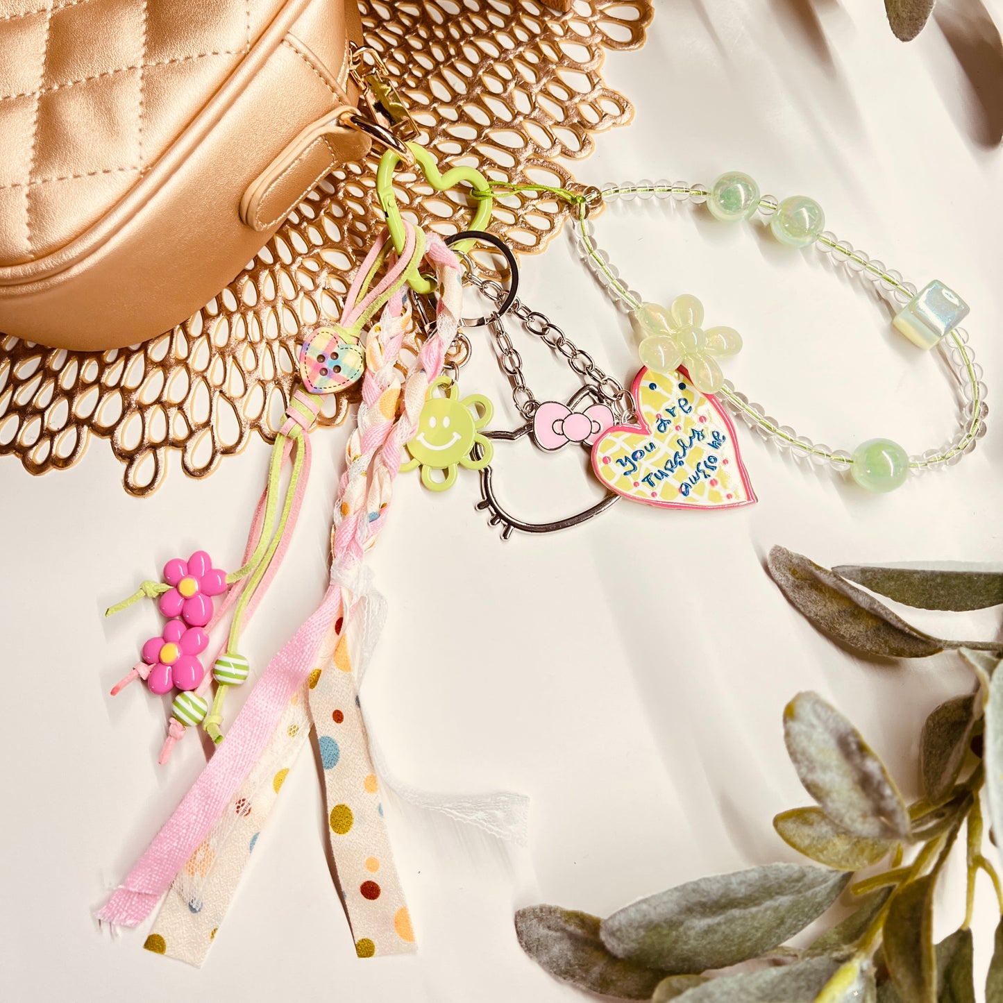 HANDMADE BAG CHARMS ~ PINK/LIME GREEN & HEARTS