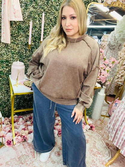 CUT OUT MINERAL WASHED PULLOVER - CACAO