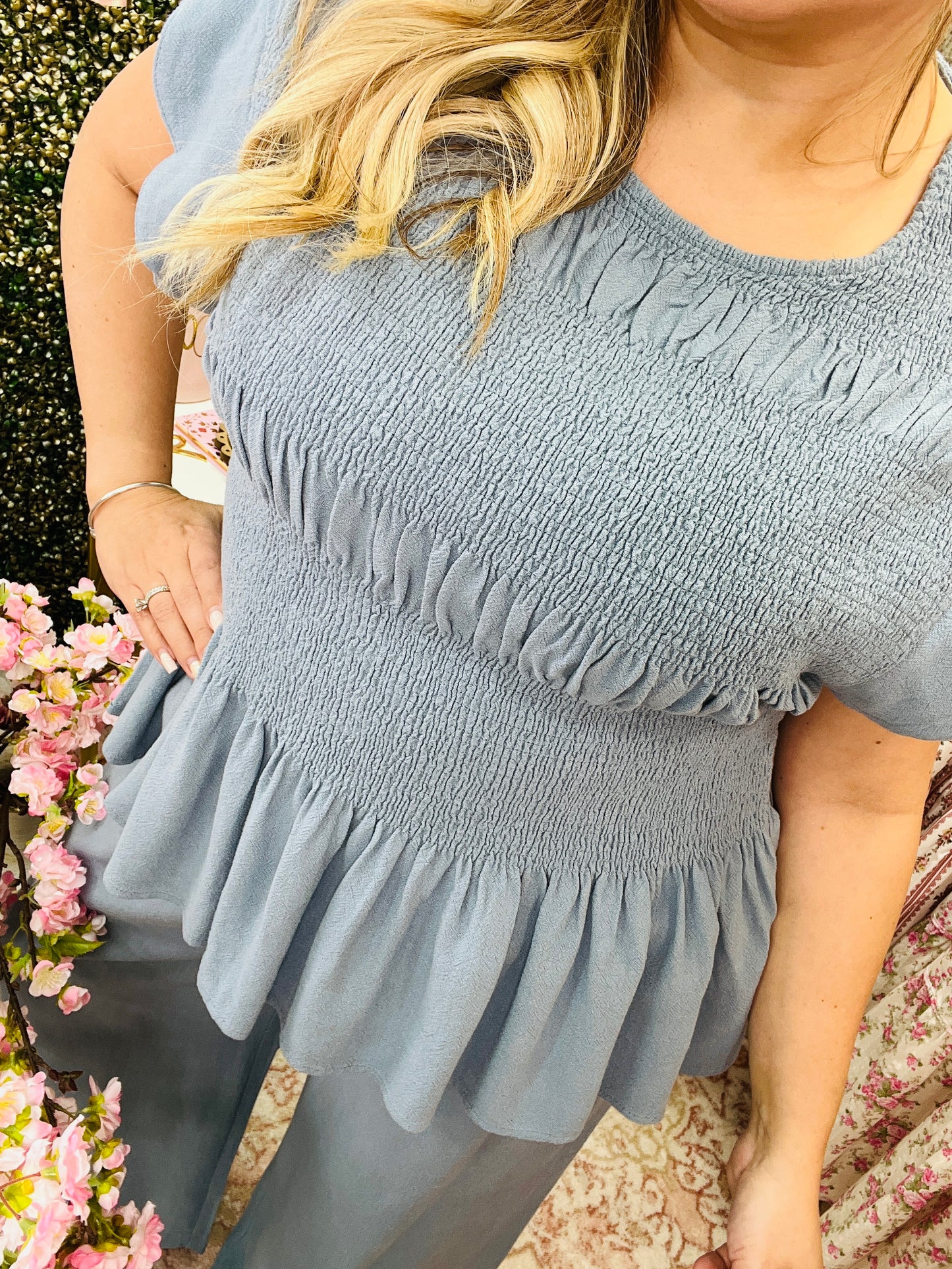 LINEN BLEND PEPLUM TOP/LINEN SCALLOP HEM WIDE LEG PANTS SET* STEEL BLUE