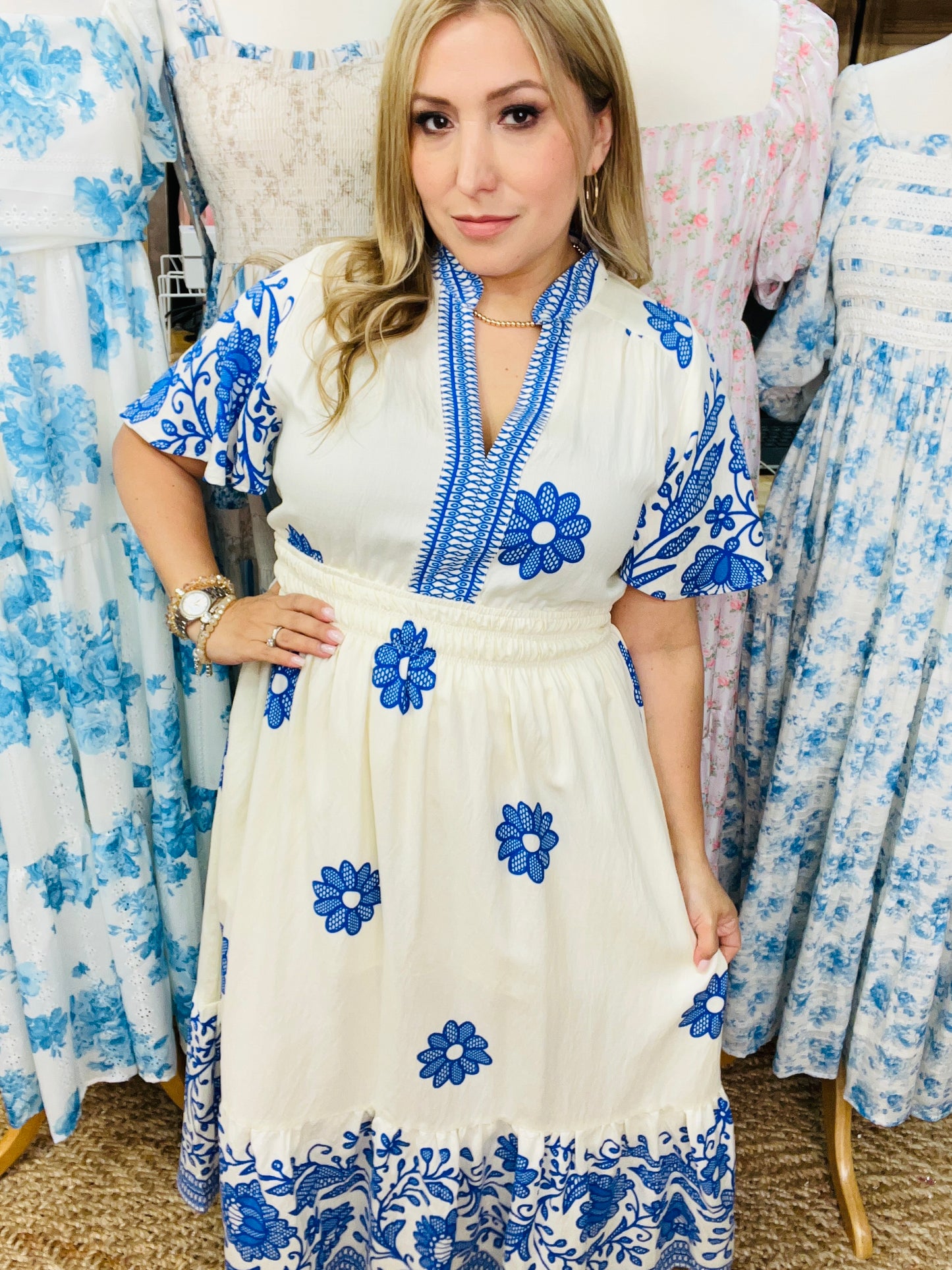 FLORAL BORDER PRINT MIDI DRESS - CREAM/OCEAN