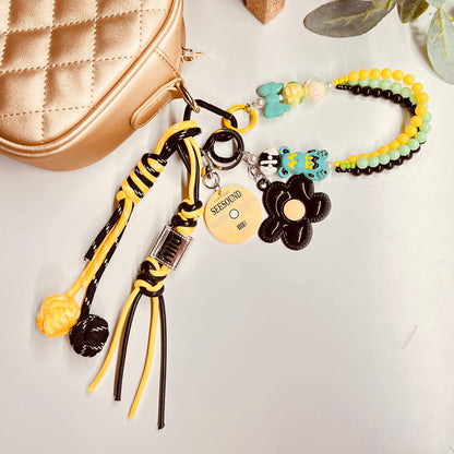 HANDMADE BAG CHARMS ~ BLACK FLOWER METAK CHARM