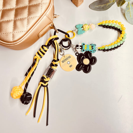 HANDMADE BAG CHARMS ~ BLACK FLOWER METAK CHARM