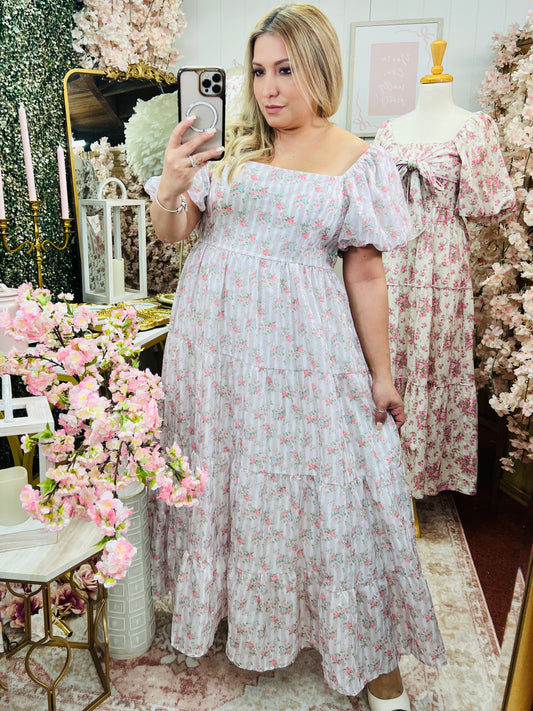 FLORAL PRINTED W/BOW BACK TIE DETAIL MIDI DRESS