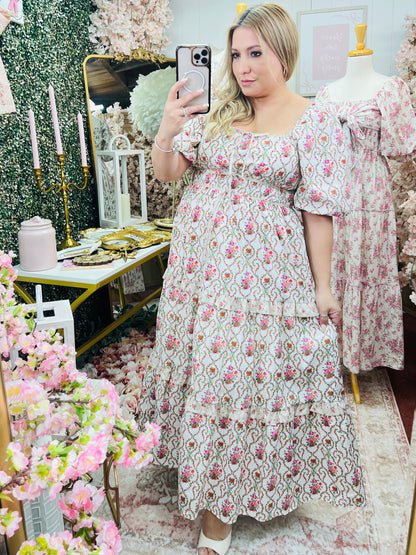 FLORAL RUFFLE PUFF SLEEVE MAXI DRESS