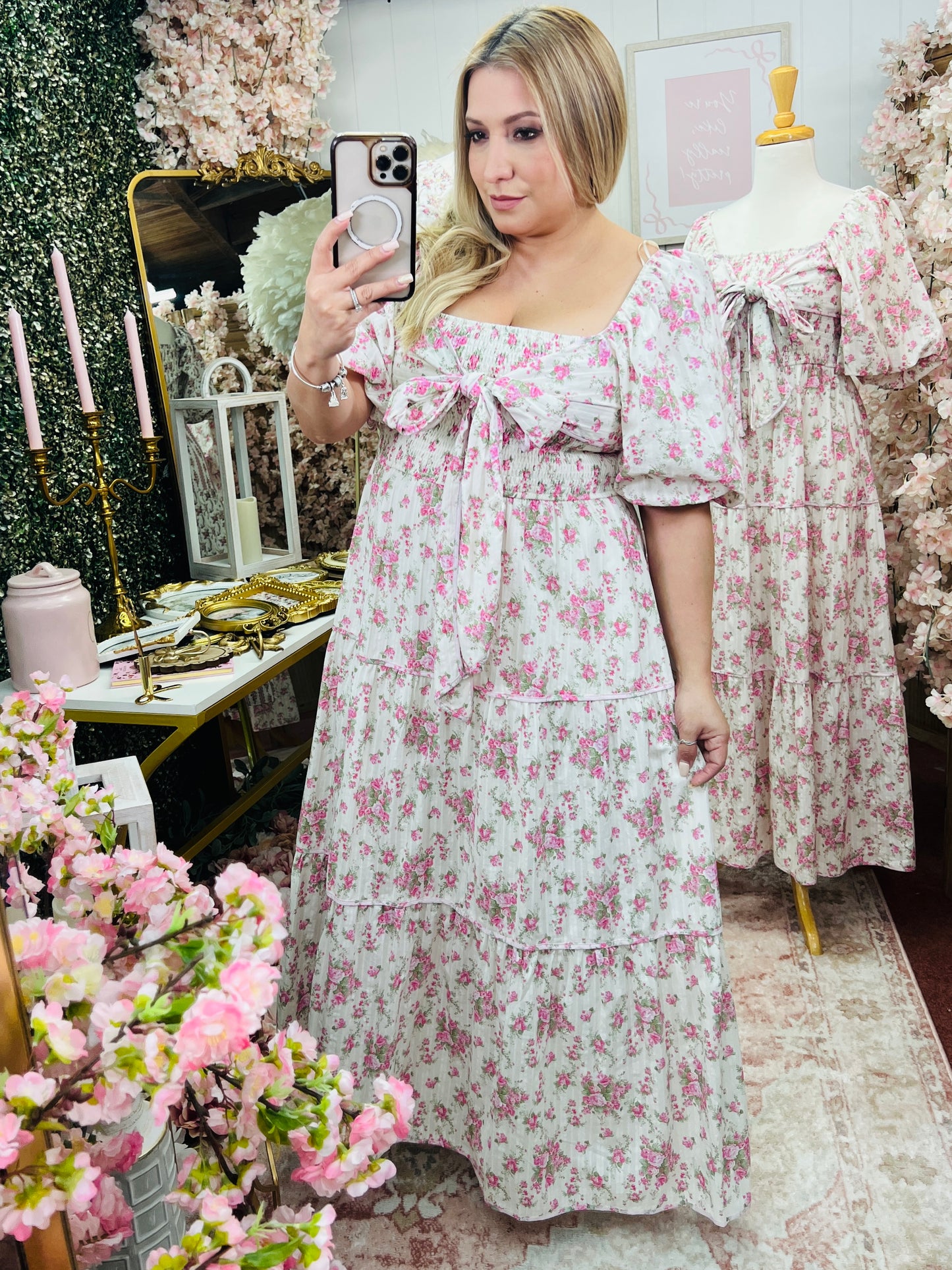 FLORAL PRINTED SMOCKING W/ BOW TIE MAXI DRESS