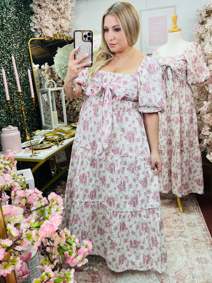 FLORAL PRINTED SMOCKING W/ BOW TIE MAXI DRESS