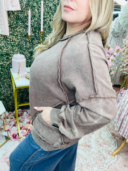 CUT OUT MINERAL WASHED PULLOVER - CACAO