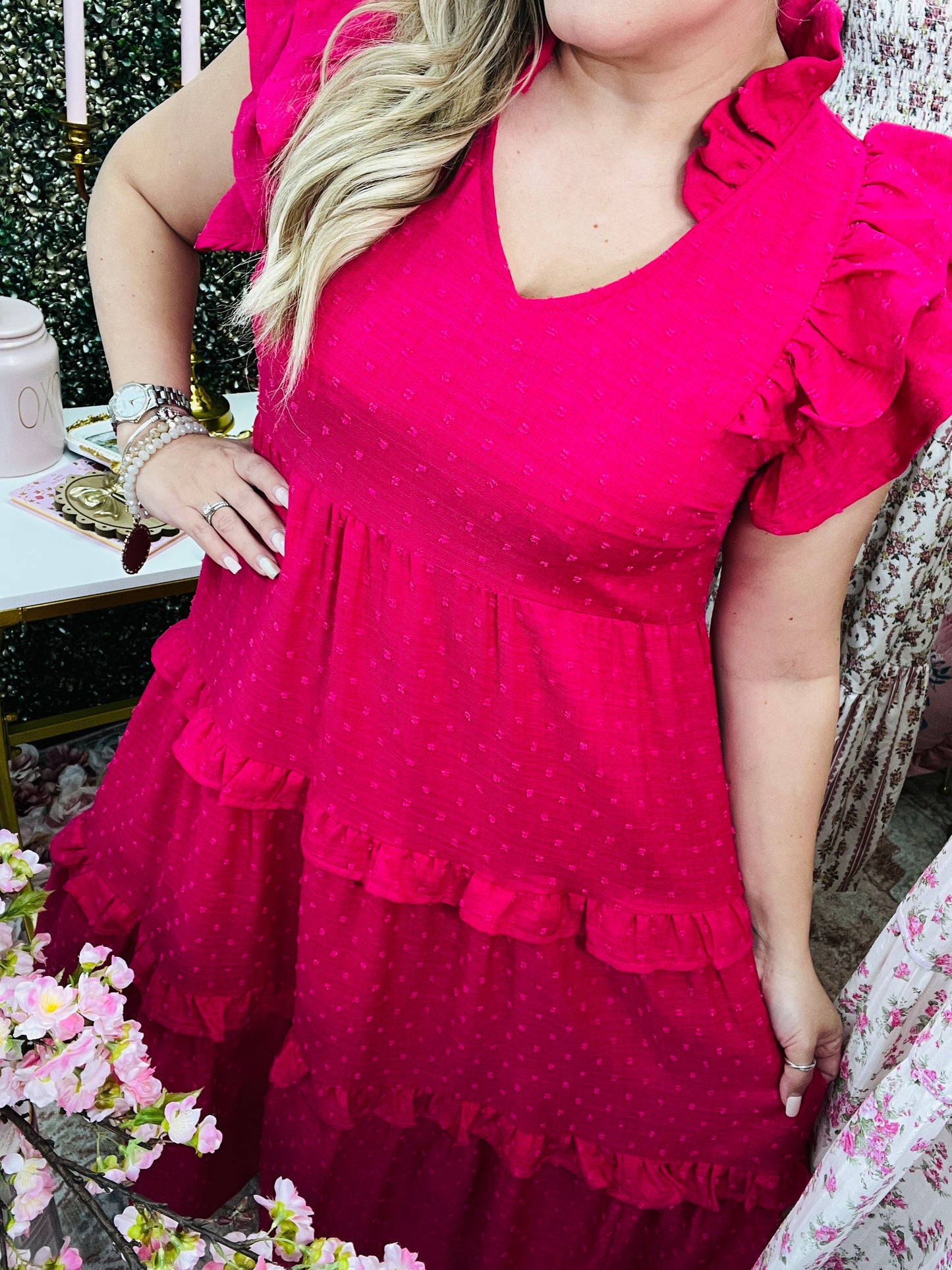 LINING DOUBLE RUFFLE SLEEVE TIERED DRESS ~ FUCHSIA