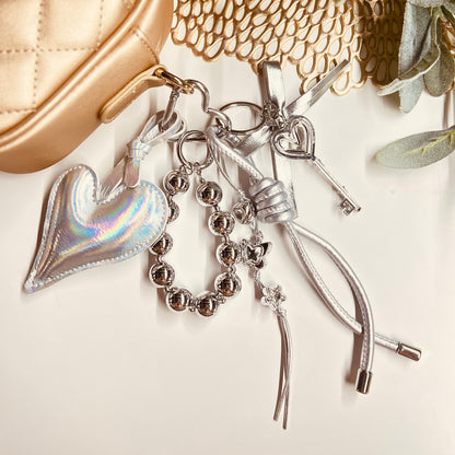 HANDMADE BAG CHARMS ~ SILVER HEART/SILVER BEADS CHAIN ~
